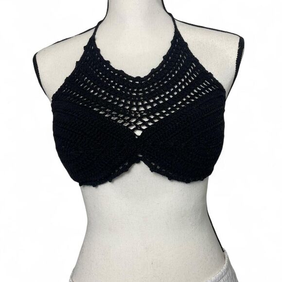 The Bikini Lab Black Crochet High Neck Halter Top Bikini Top Size Medium - Picture 1 of 8